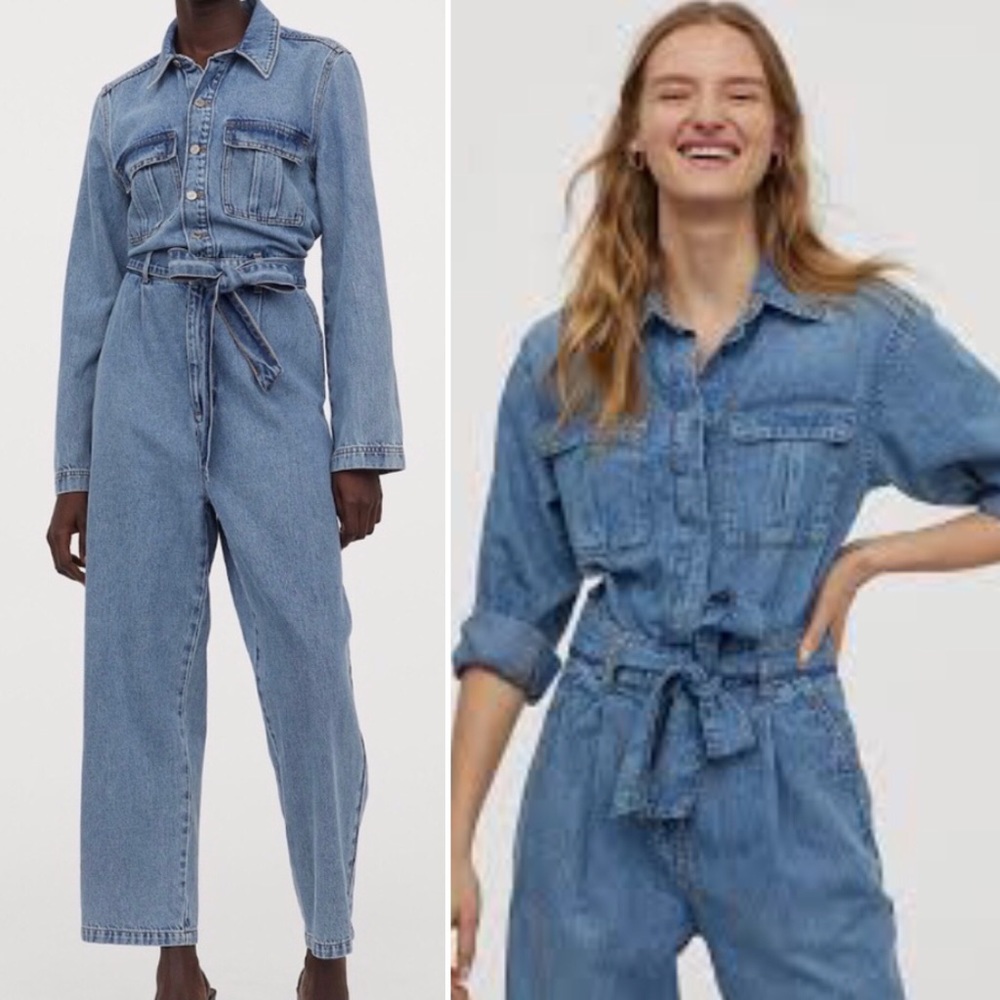 H&M Denim Jumpsuit in Light Blue Wash With Tie Belt Size Medium